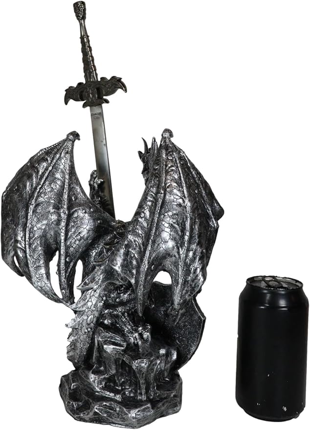 Ebros Gift Legendary Silver Coat of Arms Knight Dragon Holding Heraldry Plague Shield and Druid Sword Letter Opener Figurine Home and Office Decorative Sculpture Medieval Dungeons and Dragons Fantasy