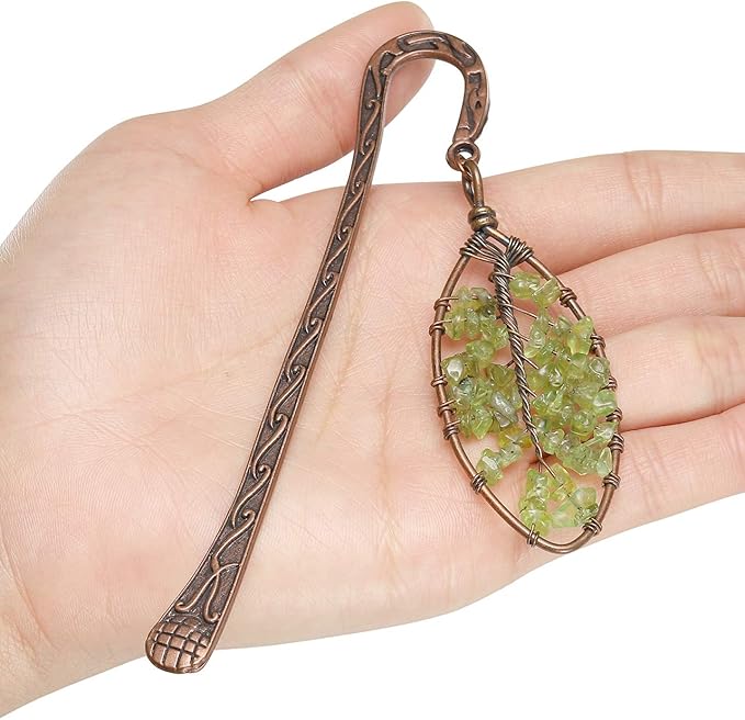 Jovivi 2pcs Antique Copper Metal Bookmark Beading Bookmarks with Handmade 7 Chakra Healing Crystals Tree of Life Tumbled Gemstones & Leaf Bead