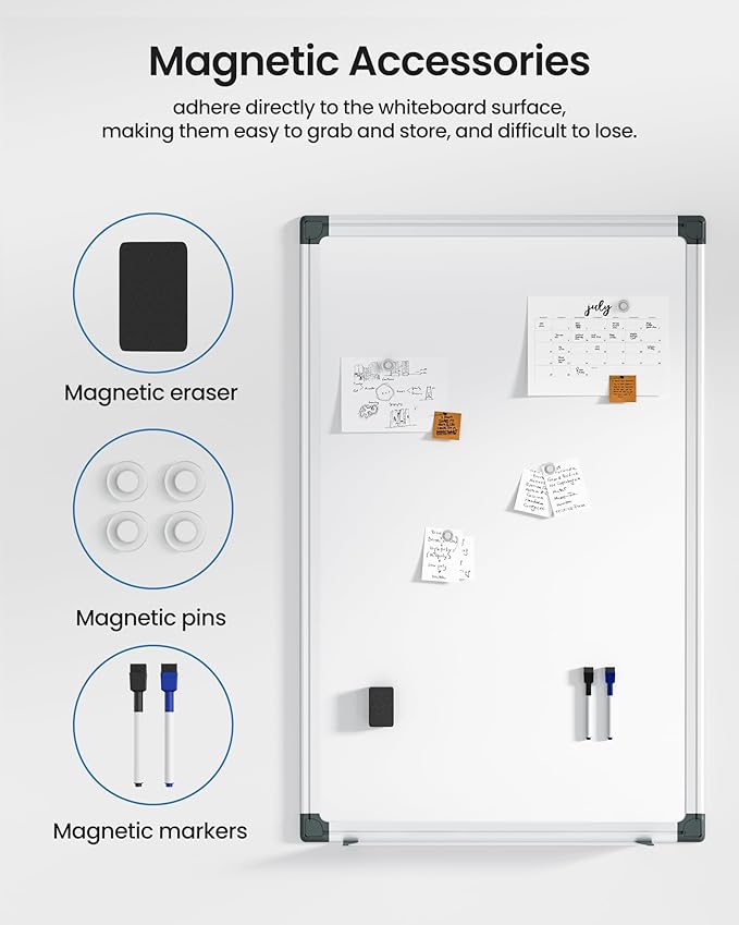 VUSIGN 12PCS Magnetic White Board Kit for Wall 36" x 24", 12 Dry Eraser & 24 Multicolor Markers & 48 Magnetic Pins, Sliver Reinforced Aluminum Frame for Home, School, Office
