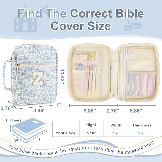 Personalized Initial Bible Cover Case for Women Girls Kid - Large Quilted Bible Case with Handle, Stylish Chenille Letter Bag Study Supplies, Perfect Christmas Gifts for Christians (Blue Flower-Z)