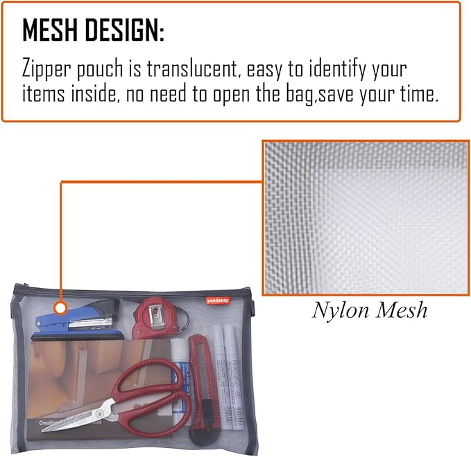 pendancy Mesh Zipper Pouch 5pcs Lightweight Nylon File Folders Document Organizer Cosmetic Bags Accessories Storage for Travel and Office Supplies (Grey, A4 A5 A6)