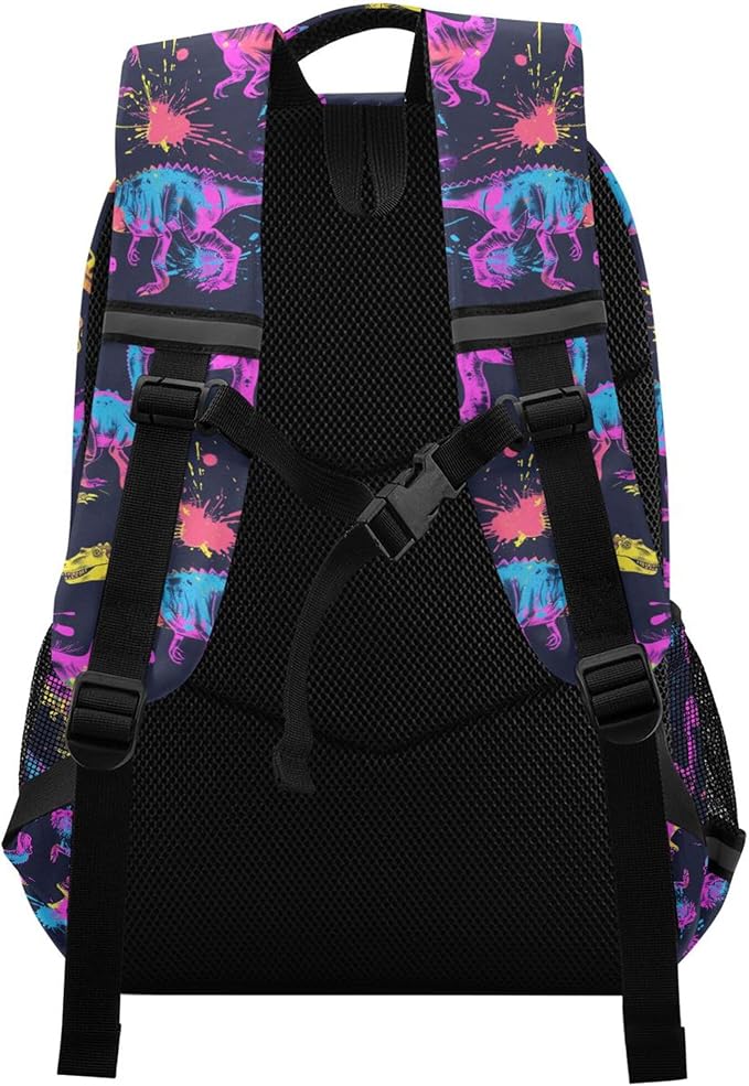 MNSRUU Laptop Backpack with Chest Strap, Neon Funny Dinosaurs School Backpack, Travel Hiking Backpack for Boys Girls Teen Adult, Rucksack, Knapsack