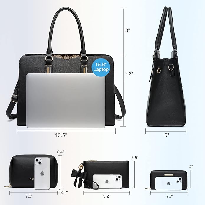 Keyli 4pc Sets Laptop Bag for Women Large Leather Laptop Briefcase with USB Charging Port Computer Shoulder tote Bags Purse