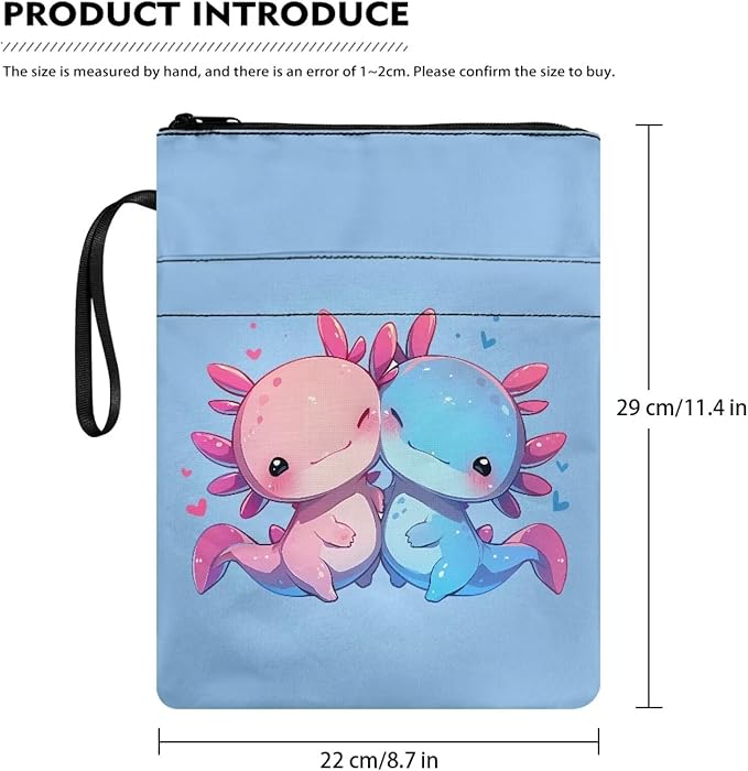 COEQINE Cute Axolotl Animal Book Covers for School Preschool Book Sleeves Case 9x11 Inch Washable Hardcover Book Pouch with Pen Holder