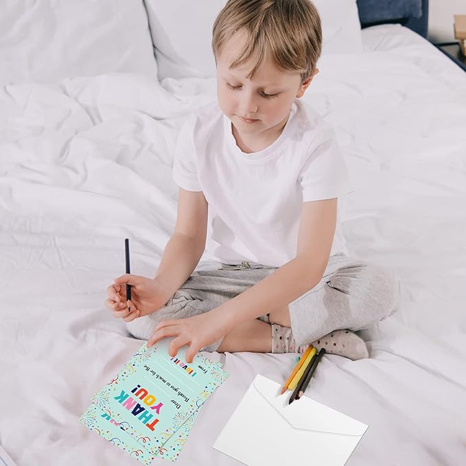 72 Pieces Kids Thank You Cards Fill in the Blank Thank You Notes with Envelopes Colorful Thanks Cards for Birthday Party(Confetti Style)