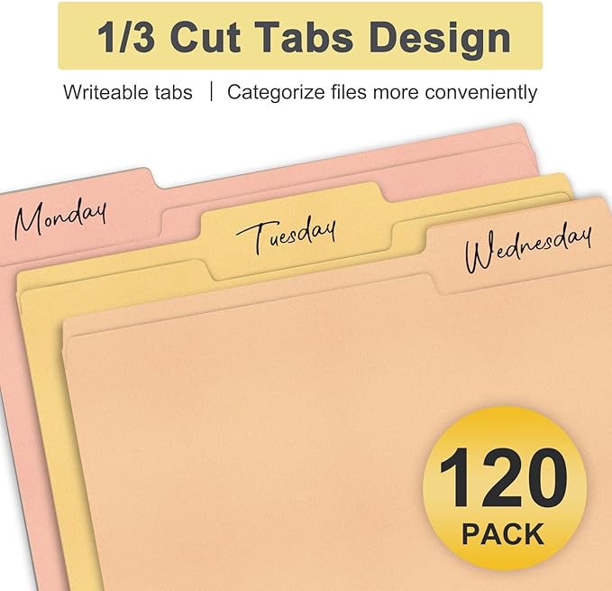 ViVin File Folders, Fits 8.5 x 11 Letter Size Paper, 1/3-Cut Tabs, 120 Pack Manilla Colored File Folders, Perfect for Home, Office, and School Documents File Paper(Assorted)
