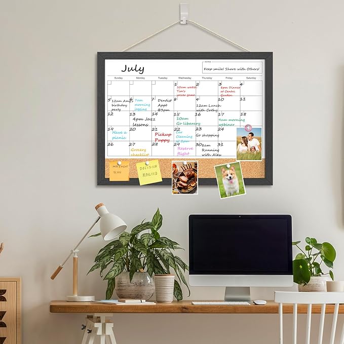 Dry Erase Calendar for Wall, 18x24 Inches Dry Erase Calendar Cork Board Combo, Magnetic White Board with Wood Framed, Hanging Dry Erase Board for Planner Home Office Kitchen Memo