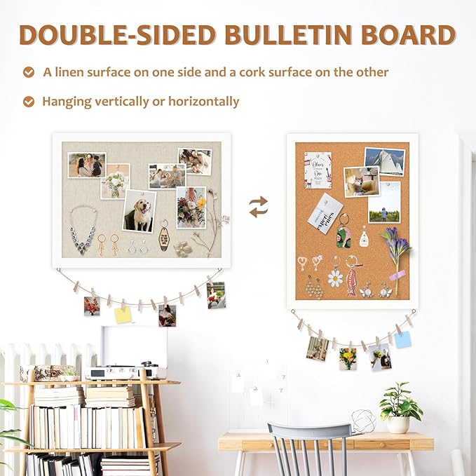 Double-Sided Large Cork Board with Linen, 30" x 20" Hanging Wood Framed Bulletin Board, Picture Display Vision Board Corkboards for Wall Room School Office Decor, 20 Pushpins,1pack