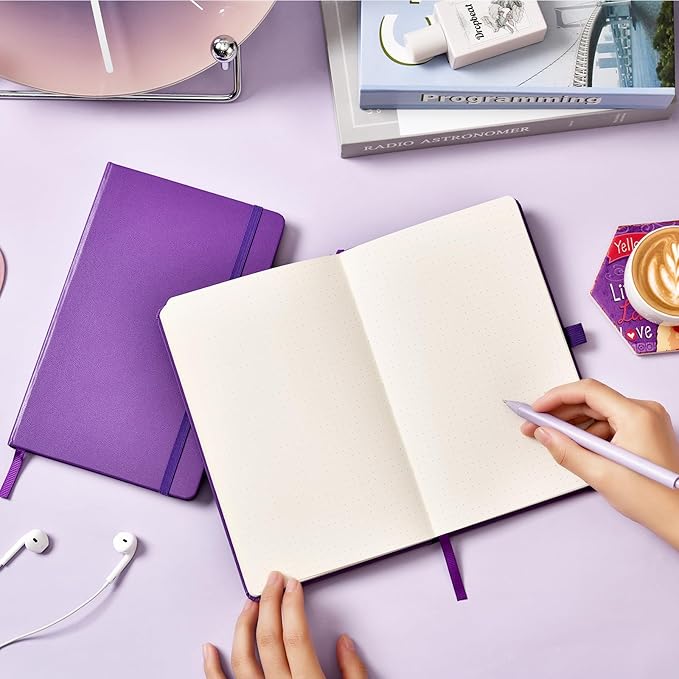 Dotted Journal/Notebook - Dot Grid Hard Cover Notebook, Premium Thick Paper with Fine Inner Pocket, Black Smooth Faux Leather, Pen Loop, 5.3'' x 8.26'' - Lavender