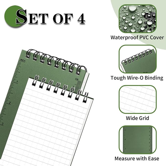 Waterproof Notebook, 4 Pack Top-Spiral Pocket Notepad, 3" x 5" Weatherproof NotePad, All Weather Police Pocket Notebook Little Memo Steno Note Pads for Outdoor Office School Recording, Black