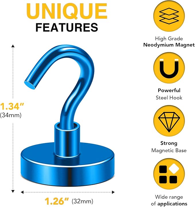 DIYMAG Blue Magnetic Hooks, 110 LB Heavy Duty Strong Magnet with Hooks, Strong Rare Earth Neodymium Magnet Hooks for Hanging, Magnetic Hanger for Curtain, Home, Kitchen, Workplace, 20 Packs