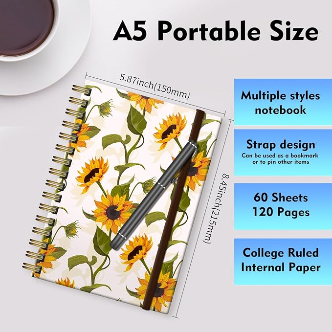 Spiral Journal Notebook, A5 Cute Notebooks for Women Men, College Ruled Hardcover Notebook for Work & Note Taking, 60 Pages Double-Wire Journals for Writing White Sunflowers