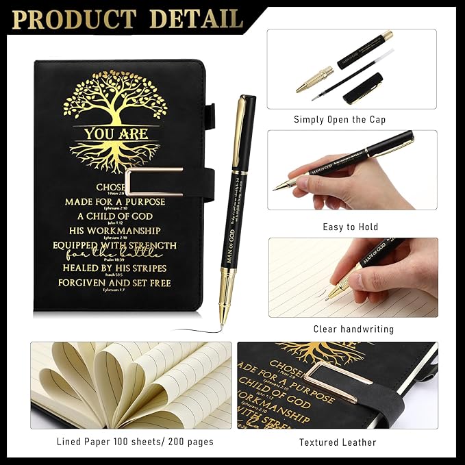 Pickmesh 3 Pcs Christian Gift for Men Man of God Gift Bible Verse A5 Leather Journal with Ballpoint Pen 17 oz Stainless Steel Tumbler Easter Gift Baskets for Father's Day Pastor Birthday Church(Black)