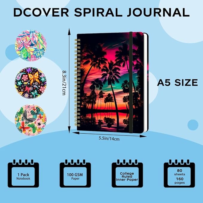 Spiral Notebook - A5 Spiral Notebooks, 8.3'' × 5.8'', 160 Pages, Aesthetic Journaling Notebooks for Women, College Lined Notebook with Elastic Closure, Back Pocket, for School Office, Dusk