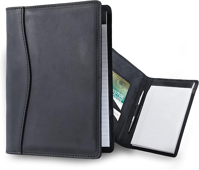 PEGAI Handmade 100% Leather Padfolio | Junior Legal Pad Folder Organizer for Business School Office Conference | Resume Interview Document Organizer Folio | Eriksen (Charcoal Black)