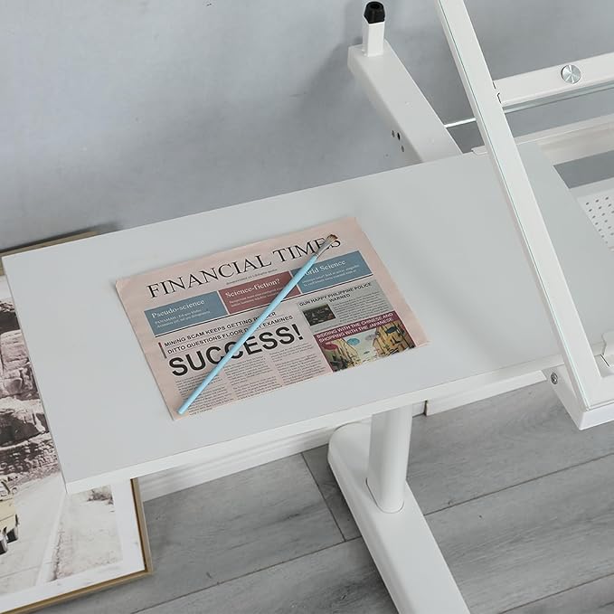 Hand Adjustable Height Drafting Table Artist Drawing Table Multifunctional Art Craft Artists Desk Tilting Glass Tabletop Glass Topped Art Desk Work Station With Stool and Chair for Home Office White