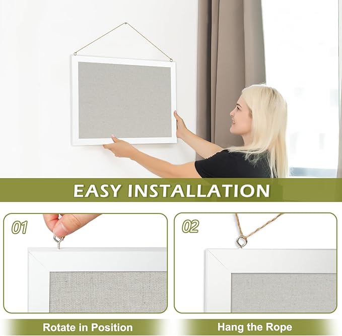 2-Pack Double-Sided Cork Board with Linen, 16" x 12" Hanging Wood Framed Bulletin Board, Picture Display Vision Board Kit Corkboards for Wall School Office Decor, 20 Pushpins (Vintage White)