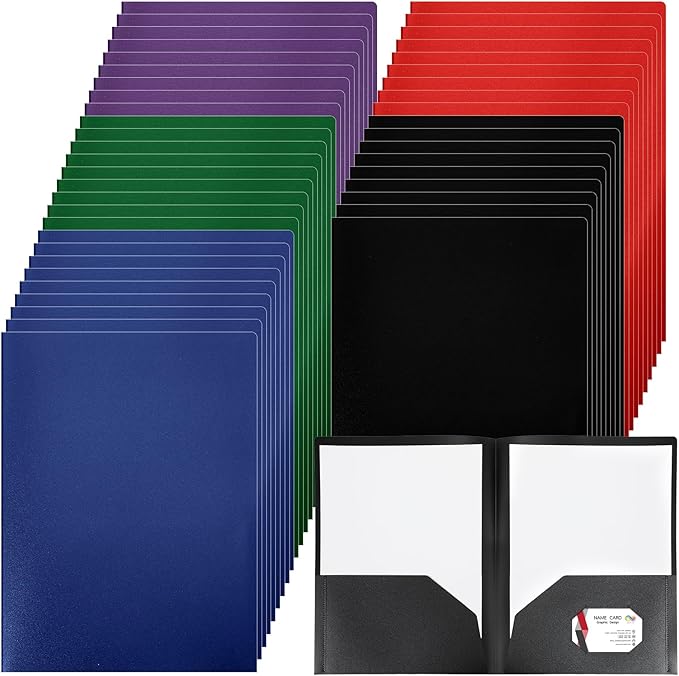 Patelai 50 Pack Pocket Folders Bulk 2 Pocket Heavy Duty Plastic Folders with Pockets Letter Size Folders Business Card Holder for School Office File (Multi Colors)