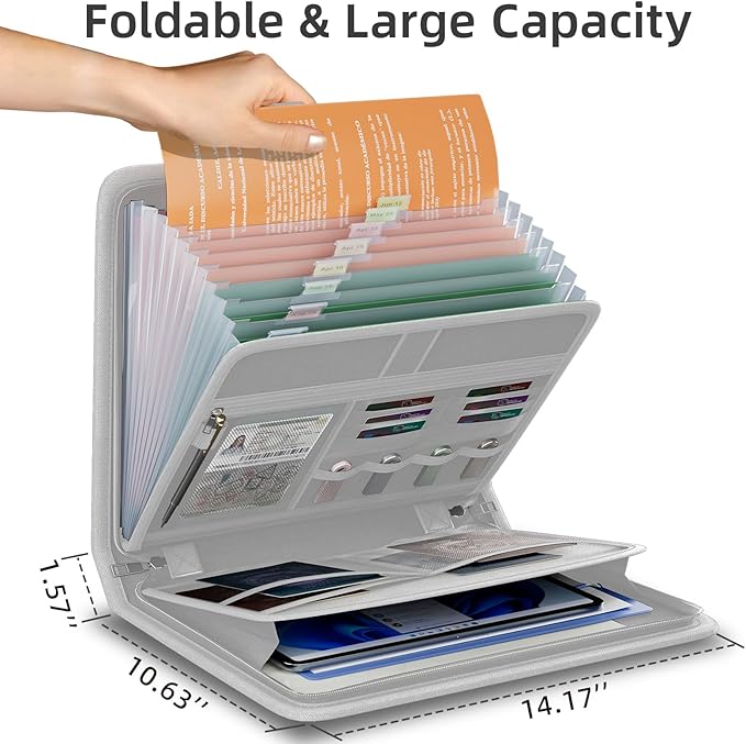 Fireproof Accordion File Organizer, Portable Expanding File Folder with Waterproof Zipper&Labels, Gray Document Organizer with 13 Pockets, File Organizer for Important Document/Paper Storage