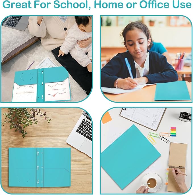 Heavy Duty Plastic Folder, 60 Pack, Pocket Folder with brads, Letter Size Poly File, Plastic Folders with 3 Prongs Fasteners - Light Blue