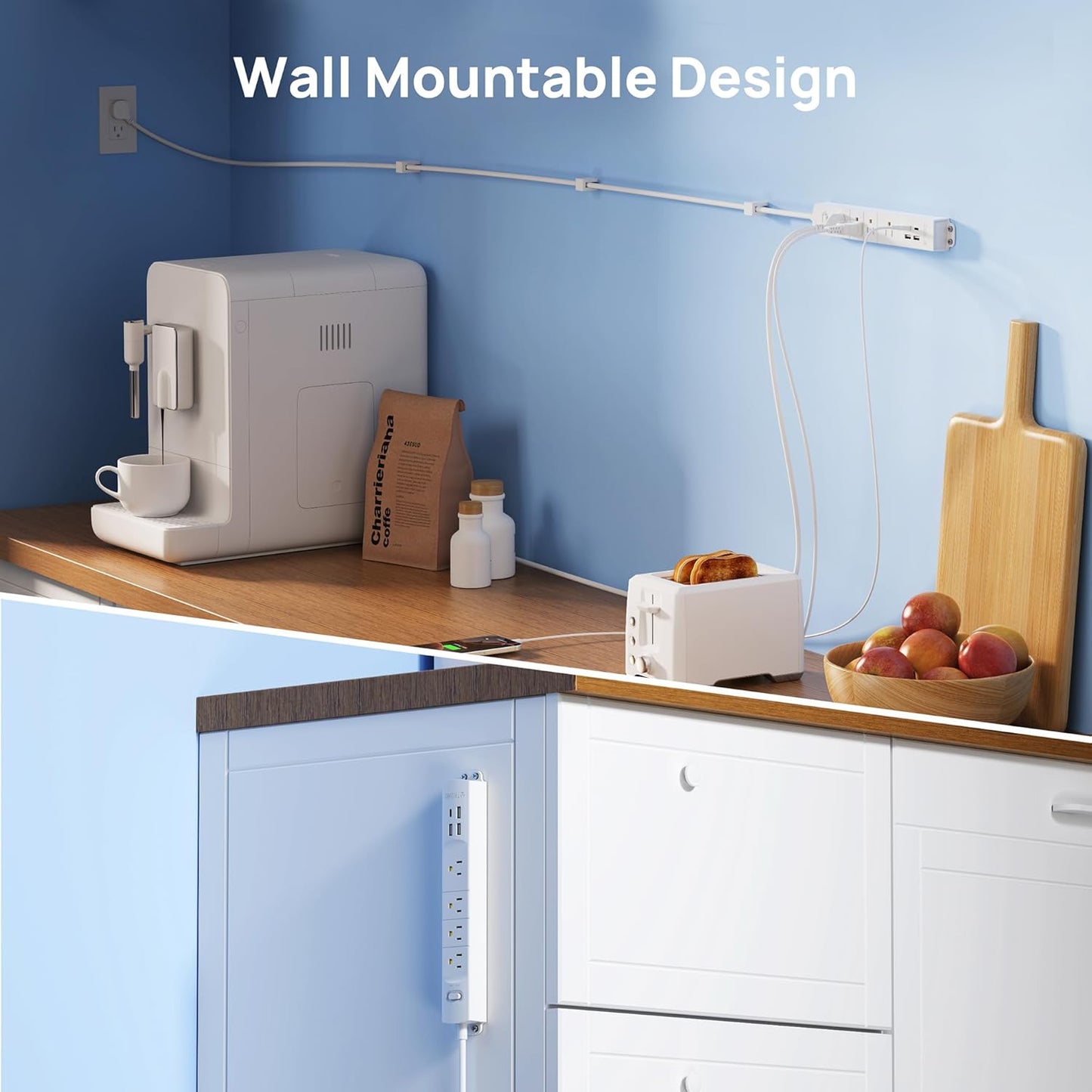 TROND Surge Protector Power Strip with USB, Ultra Thin Flat Plug 6ft Extension Cord 1625W, 3 USB A & 1 Type C, 4 AC Outlets 1440J Surge Protection ETL Listed, Wall Mount for Home Office Dorm, White