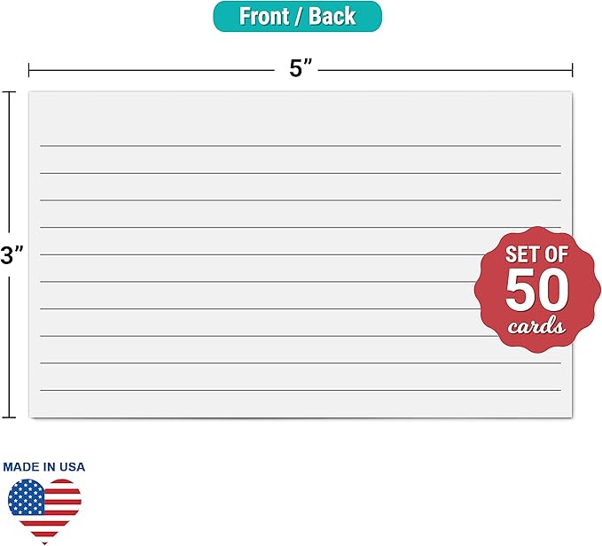 321Done Ruled Index Cards - Made in USA - Small 3x5 Horizontal (Set of 50), Narrow Ruled Lined Notecards Double-Sided, Thick Heavy Duty Cardstock, Simple Note Cards with Lines, White