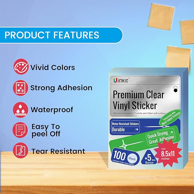 Uinkit 105Sheets Premium 90% Clear Vinyl Sticker Paper for Inkjet Printer - Include 100 Sheets Clear and 5Sheets Glossy Label Waterproof, Dries Quickly Vivid Colors, Holds Ink Well