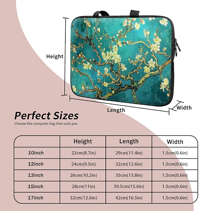 Universal Laptop Sleeve Tablet Case 12 inch, Art Plum Blossom Slim Carrying Case Durable Handbag Travel Laptop Bag for Surface Pro 9 8 7/Laptop Go 2 3, MacBook Air 11/12