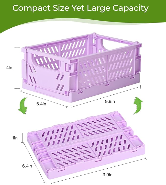 4-Pack Small Pastel Plastic Storage Baskets, Collapsible Crates for Organizing, Space-Saving Mini Bins for Classroom, Kitchen, Office, Bedroom (Purple, 9.8" x 6.5" x 3.8")