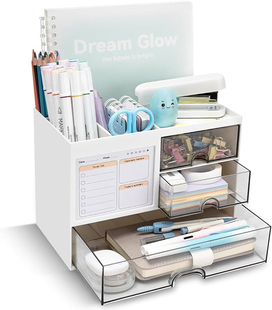 Desk Organizer with 3 Drawer, Multi-Functional Pencil Pen Holder for Desk, Desk Organizers and Storage with 8 Compartments, Desktop Organizer for Office Home Art Supplies (White)