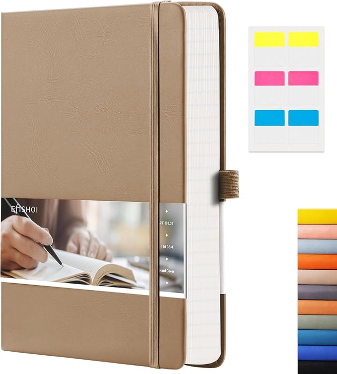EMSHOI Lined Journaling Notebooks - 120gsm Thick Leather Journal with Sticky Notes, 256 Numbered Pages A5 Hardcover College Ruled Notebook for Women Men Work School Writing, 5.75" x 8.38"-Khaki