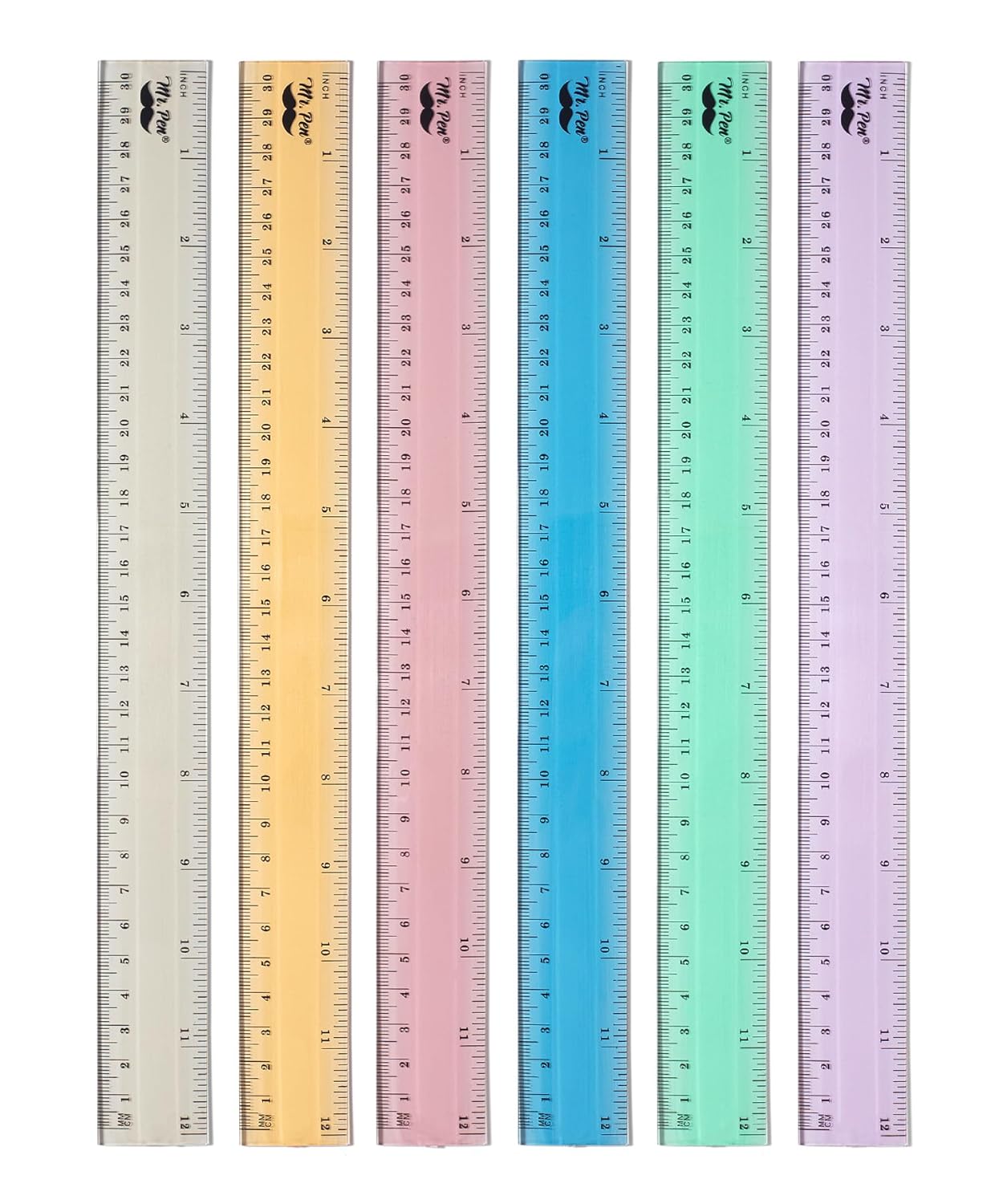 Mr. Pen- Plastic Rulers, 12 Inch, 6 Pack, Morandi Colors, Metric & Imperial, Clear Ruler Set