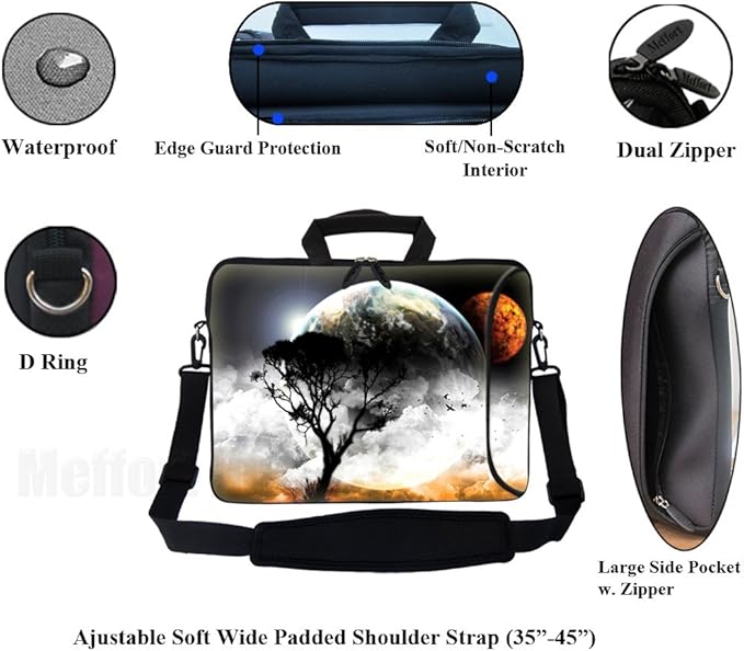 Meffort Inc 17 Inch Neoprene Laptop Bag with Extra Side Pocket, Soft Carrying Handle & Removable Shoulder Strap Fit 16" to 17.3" Size - Planet View