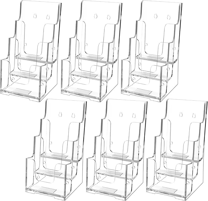 MaxGear Acrylic Brochure Holder, 4-Inch Wide 3 Tier Brochure Display Stand Clear Literature Holder Premium Acrylic Pamphlet Holder Multi Pocket, Wall Mount or Counter Top Use(6 Pack)