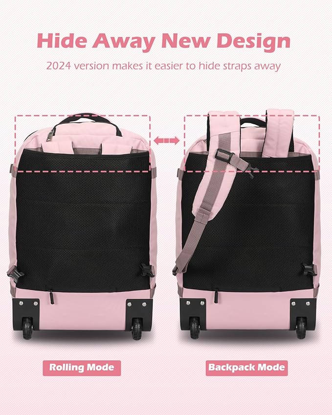Hynes Eagle Rolling Backpack 42L Backpack with Wheels Airline Approved Carry on Luggage Laptop Travel Backpack for Women Men Pink