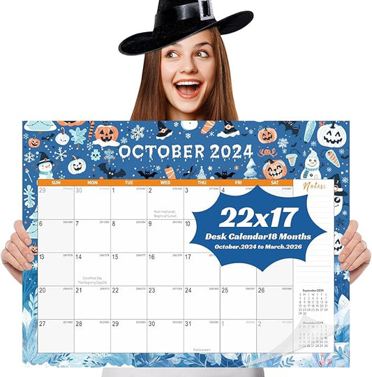 Gannyfer Large Desk Calendar 2024-2025 - 18 months from Otc 2024 to Mar 2026, 22" x 17" Desktop/Wall Pad Calendar with to-do List, Thick Paper with Plastic Cover, Large Ruled Blocks - Snow (2 Binder Clips Included)