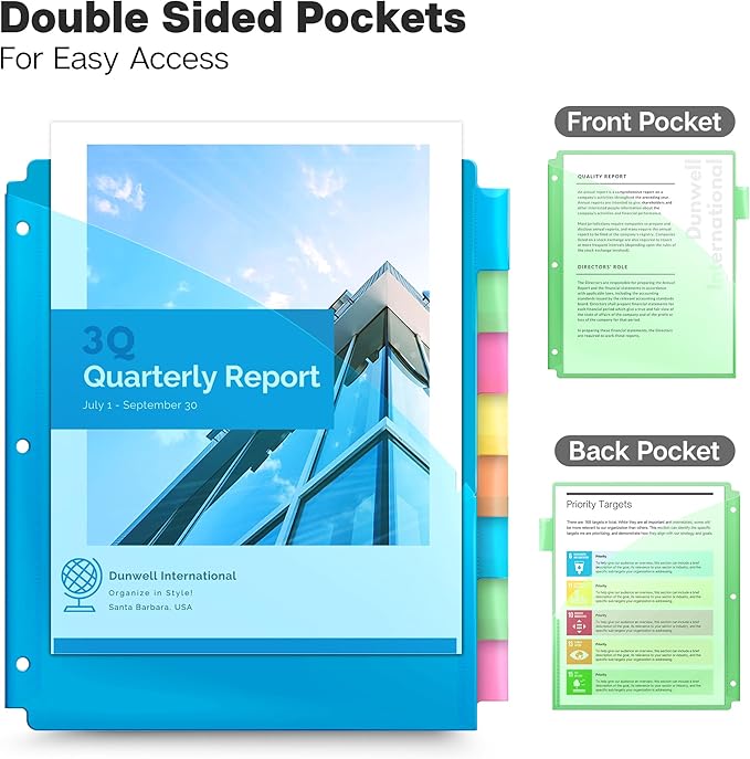 Dunwell 2-Pocket 8-Tab Divider Pockets, (1 Set, 8 Count), 5 Colors, Plastic 8 Subject Notebook Tab Dividers for 3-Ring Binders, Includes Label Inserts, Durable Acid-Free Poly