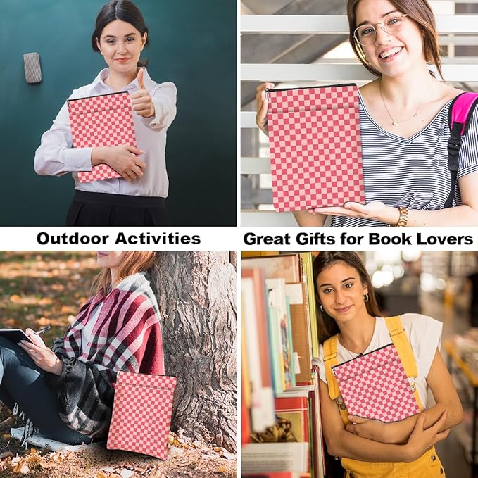 Pink Checkered Pattern Book Lovers Gifts Waterproof Book Sleeve Book Pouch Book Protector with Zipper & Front Pocket BookCover Case for Women Girl Readers Librarian Book Accessories Book Club Gifts