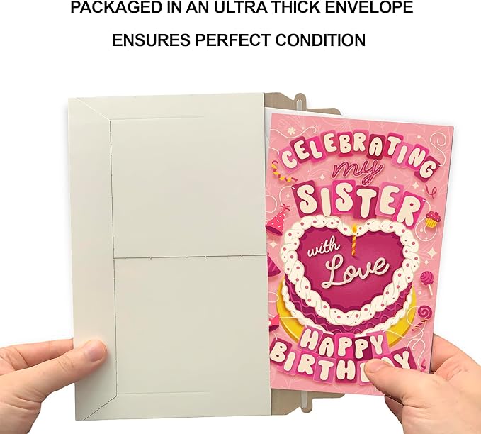 Prime Greetings Birthday Card For Sister, Made in America, Eco-Friendly, Thick Card Stock with Premium Envelope 5in x 7.75in, Packaged in Protective Mailer