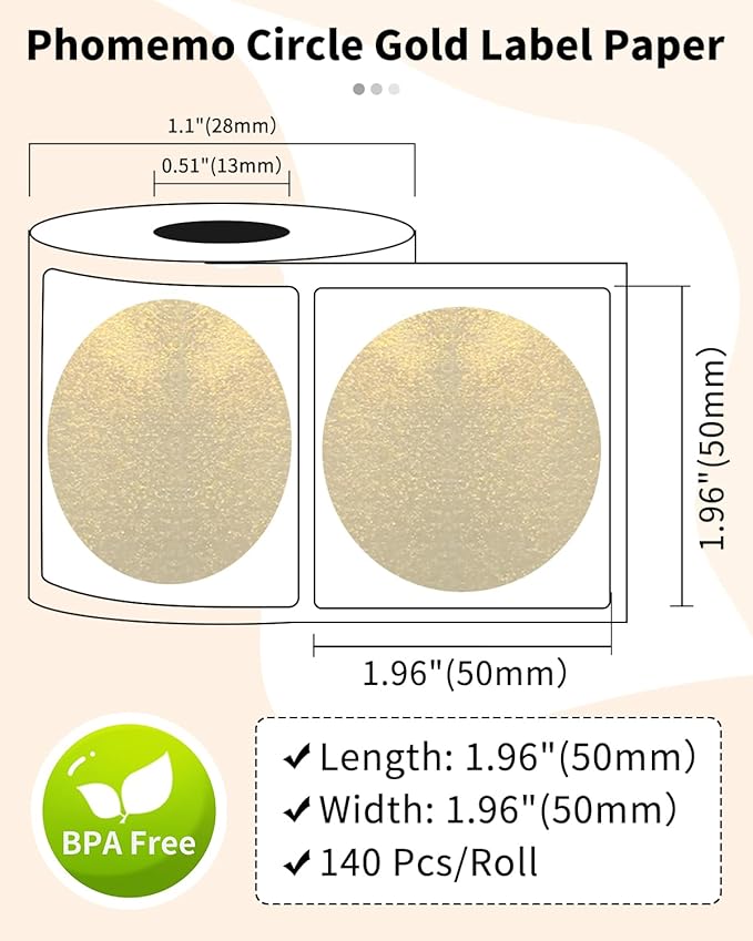 Phomemo Labels-Gold Sticker Circle Thermal Label Compatible with M110/M220/M100/M150/M250/M120/M200/M221 Label Maker, Black on Golden, 1.96"x1.96"(50x50mm)