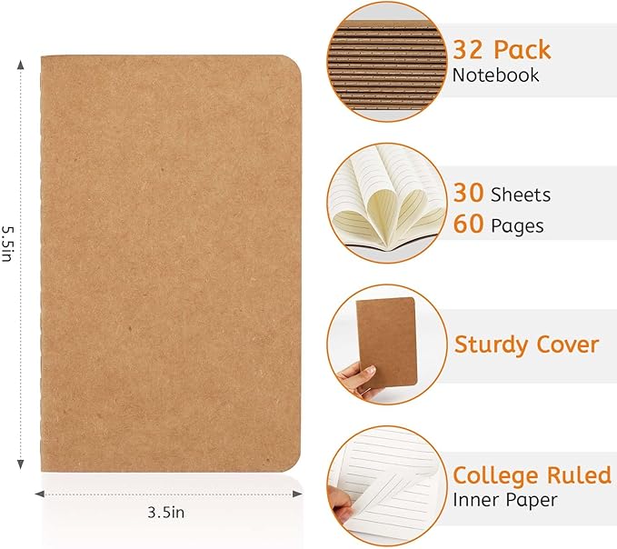 32PCS Mini Notebooks Bulk, 3.5" x 5.5", Brown, 60 Pages Lined Paper Small Pocket Notebook Set, Mini Journal Memo Notepads for Kids, Students, Traveler, School Office Supplies