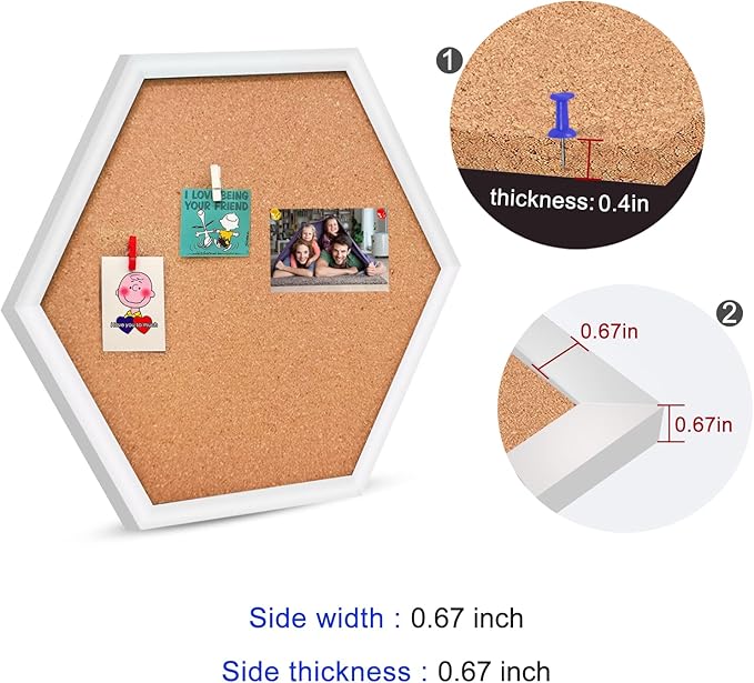 EVNEED 4 Pack Cork Bulletin Board Hexagon, Small Framed Corkboard Tiles for Wall, Thick Decorative Display Boards for Home School Office,School Message Board with 16 Push Pin Wood Clips,White