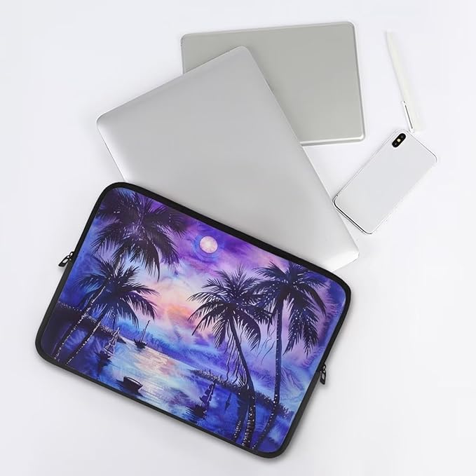 Tropical Palm Tree Laptop Sleeve for Women 12 inch Lap Top Case Portable Lightweight Computer Sleeve Laptop Pouch Slim Laptop Protector with Versatile Uses Tablet Bag Leaves Moon Purple