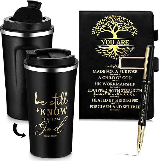 Pickmesh 3 Pcs Christian Gift for Men Man of God Gift Bible Verse A5 Leather Journal with Ballpoint Pen 17 oz Stainless Steel Tumbler Easter Gift Baskets for Father's Day Pastor Birthday Church(Black)