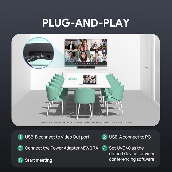 Yealink UVC40 4K 60FPS USB Video Conference Camera, Teams Zoom Certified,133° Wide Angle Webcam with 8 Microphones and Speakers, Audio and Video Conferencing System for Small and Huddle Rooms USB-A