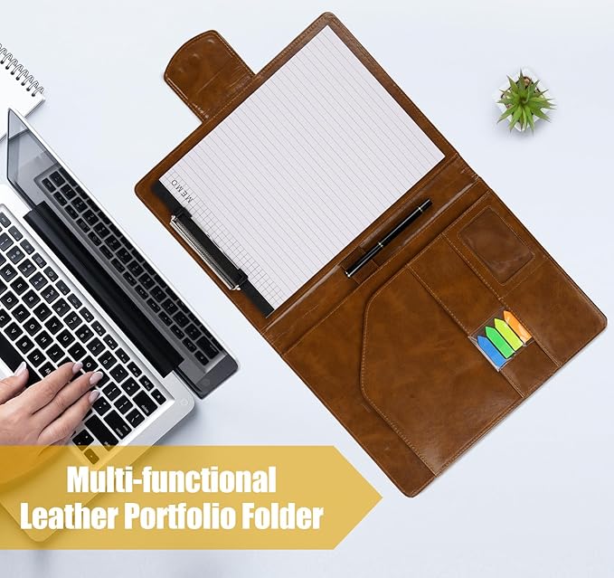 A4 Leather Portfolio Professional Organizer Padfolio,Stylish Document Folio Organizer with Magnetic,Resume Portfolios with Papers,Sticky Tabs,Pen for Interview Conference Presentation,Retro Brown