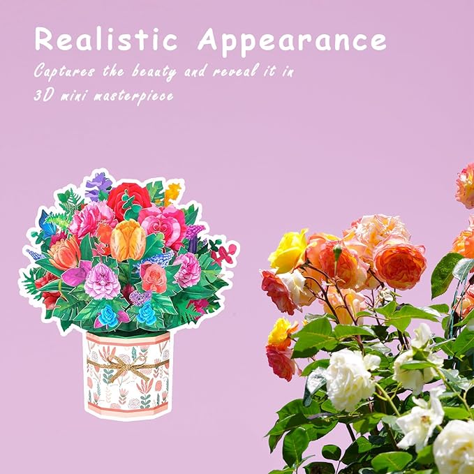 Rose Carnation Pop Up Card, 3D Flower Greeting Card with Envelopes for Any Occasion, Birthday, Mother's Day, Anniversary, Valentines Day, Handmade Gifts, Foldable Flower Cards for Friends