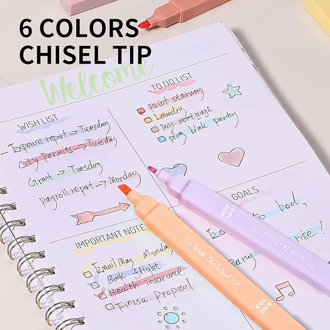 Aesthetic Cute Pastel Highlighters Set, 6 count, Mild Assorted Colors Candy Highlighters, Chisel Tip，No Bleed Bible Marker Pen, Study Journaling School Supplies Planner