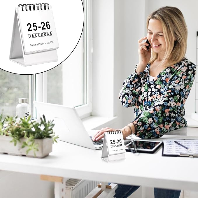 Mini Desk Calendar 2025.1-2026.6 Small Desktop Calendar 2025-2026 Standing Flip Calendar Small Desk Calendar 2025-2026 for Home Office School(White)