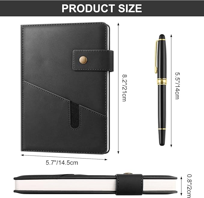 A5 Leather Journal Notebook with Pen, 200 Pages Hardcover Journal with Pocket, 100gsm Thick Lined Paper Daily Diary for Men and Women, Great Gift for Business School Travel Personal - Black